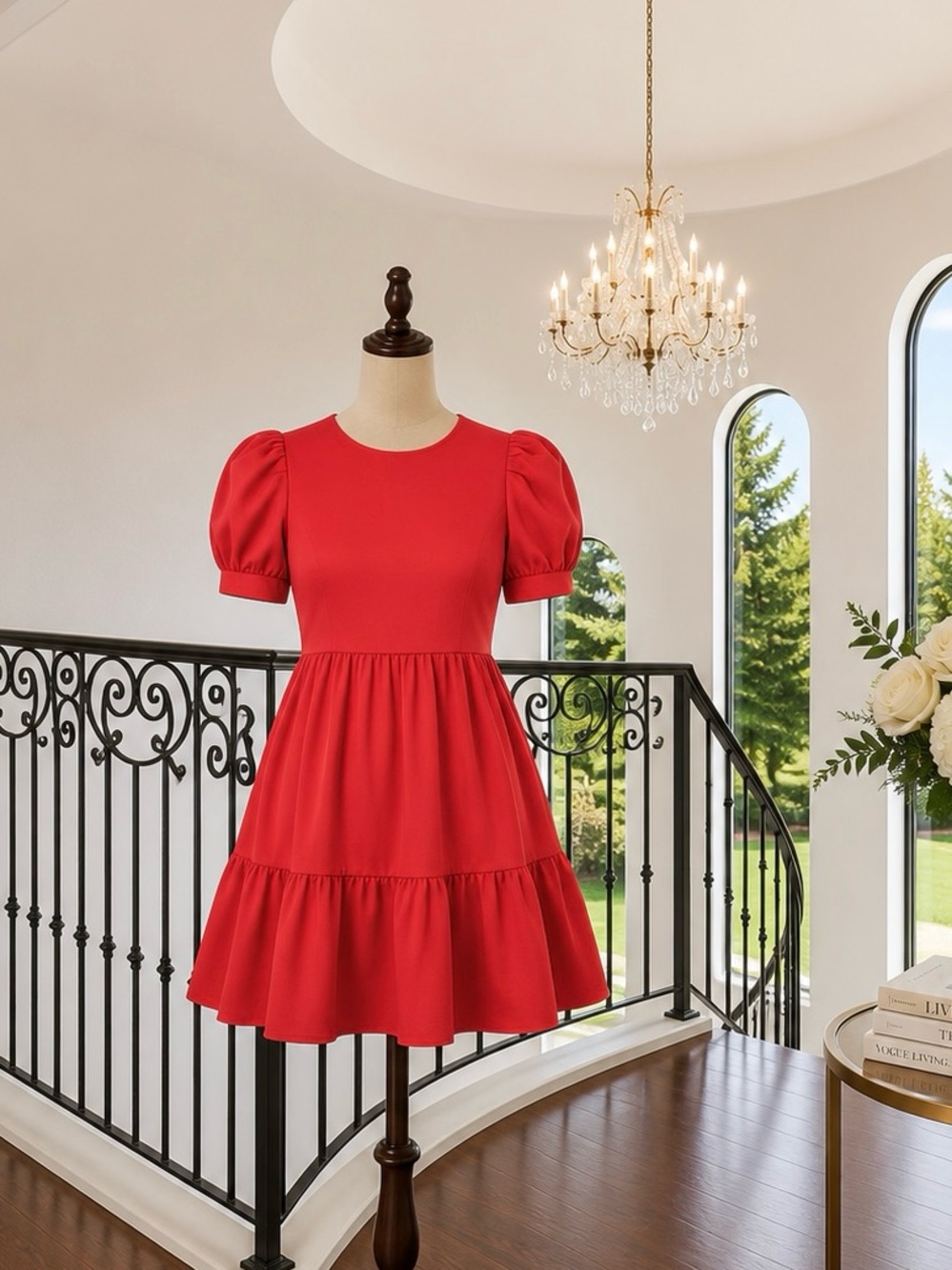 Alice + Olivia Vibrant Red Puff-Sleeve Tiered Mini Dress